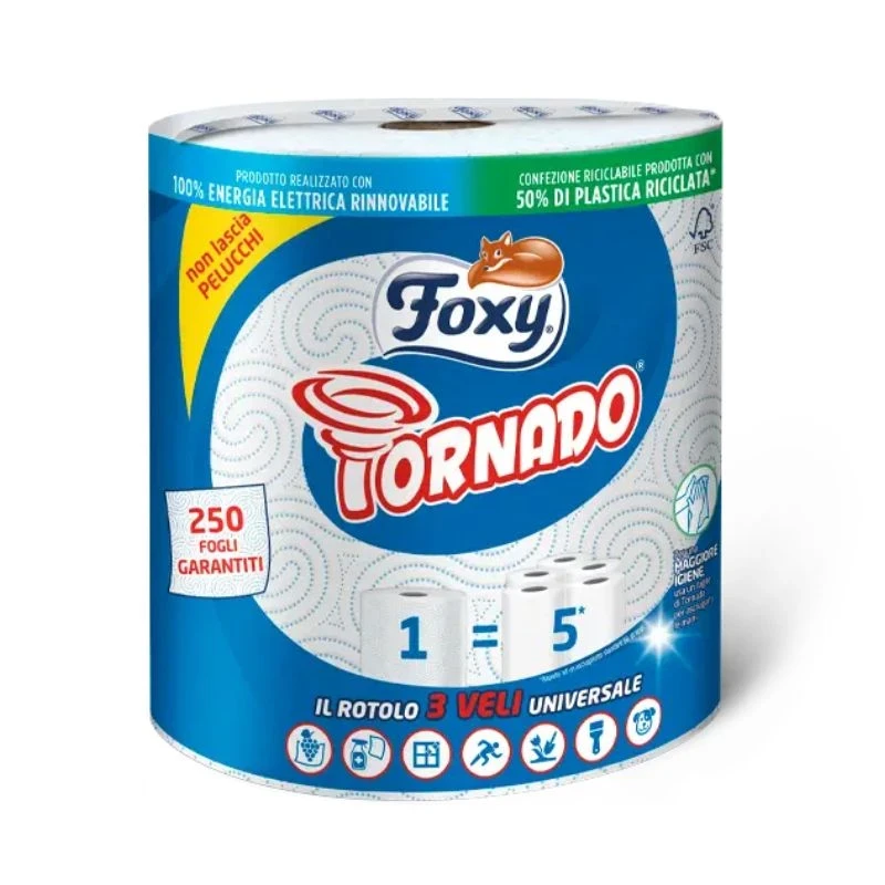 кухненска хартия Foxy Tornado Blu 3 пластова 250 къса 25х22.8см 766гр
