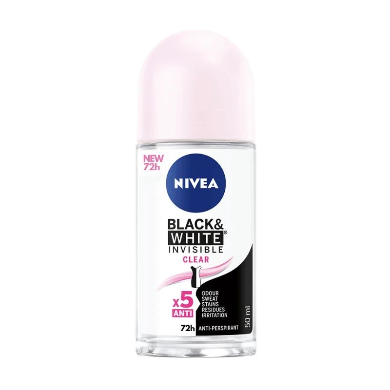 рол-он дезодорант Nivea black and white invisible Clear X5 72h без следи по тъмни дрехи чист 50мл