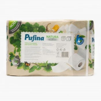 Снимка на тоалетна хартия Puffina Natura BIO 6 рола 3 пластова 100% целуозна