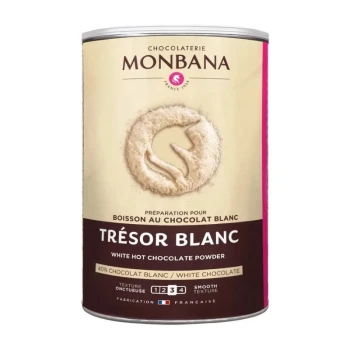 Снимка на шоколадова напитка Monbana Tresor Blanc 40% бял шоколад кремообразна текстура млечен вкус 500гр