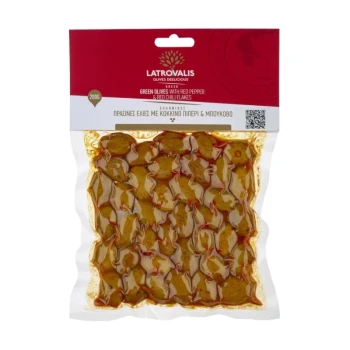 Снимка на м-ни Latrovalis Green with red pepper and red chili flakes зелени с червена чушка и червени люспи чили вакуум 200гр