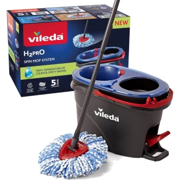 Снимка на кофа с моп Vileda H2prO Spin Mop System отделен съд изплакване чиста вода всеки път + центрофуга изтискване мръсна вода