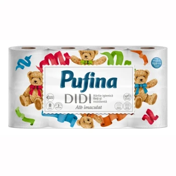 Снимка на хартия тоалетна PUFINA DIDI 8 рола 3 пластова ALB IMACULAT